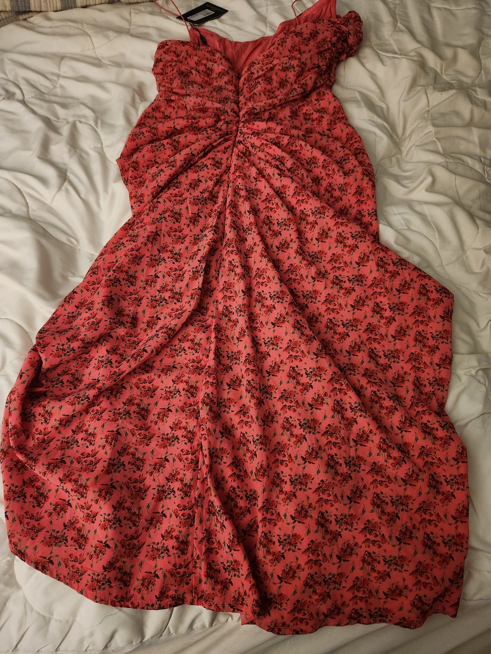 PrettyLittleThing Pink Floral Ruched Drape Midaxi Dress NWT Size 10 - Picture 7 of 11